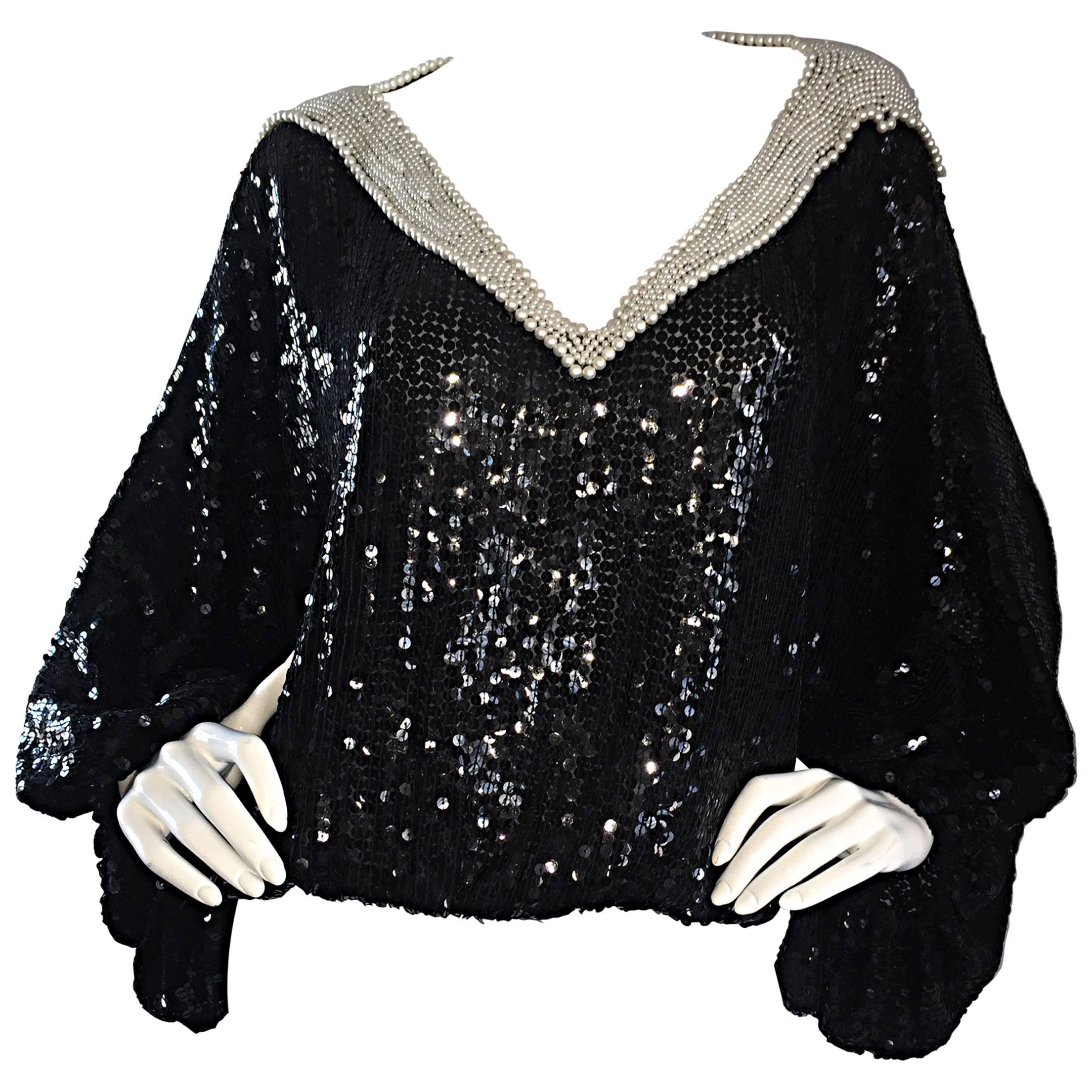 Vintage Jeanette Kastenberg Black Sequins + Pearls Slouchy Batwing Dolman Blouse
