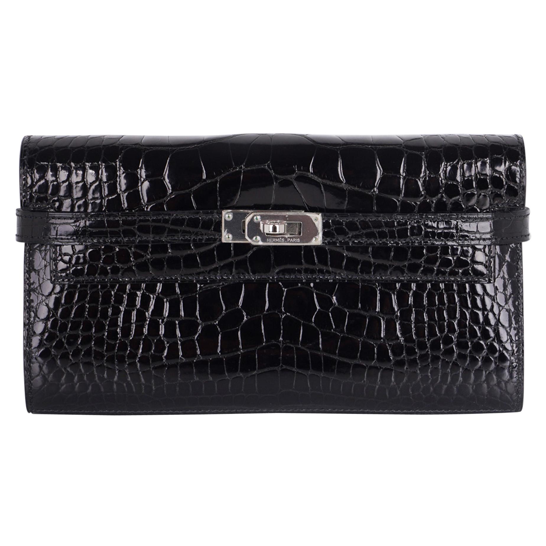 Hermes Kelly Classic Wallet / Clutch Black Lisse Alligator