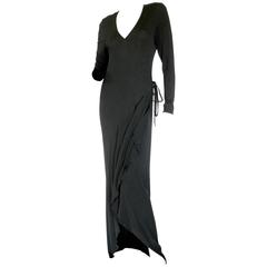 Jean Muir Black Jersey Fitted Maxi Dress with Flowing Train Hem Early 1980s 5