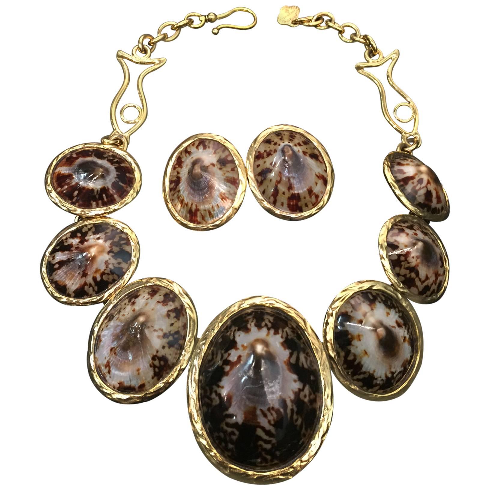 Yves Saint Laurent Rive Gauche Leopard Mollusk Shell Necklace and Earring Set For Sale