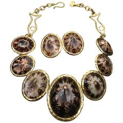 Retro Yves Saint Laurent Rive Gauche Leopard Mollusk Shell Necklace and Earring Set