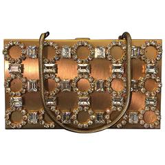 1950s Gold-Tone Rhinestone Encrusted Evening Compact with Chain Handle 10