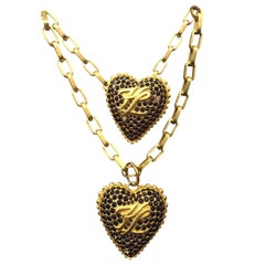1980s Karl Lagerfeld Garnet-Encrusted Heart Pendant Necklace and Brooch Set