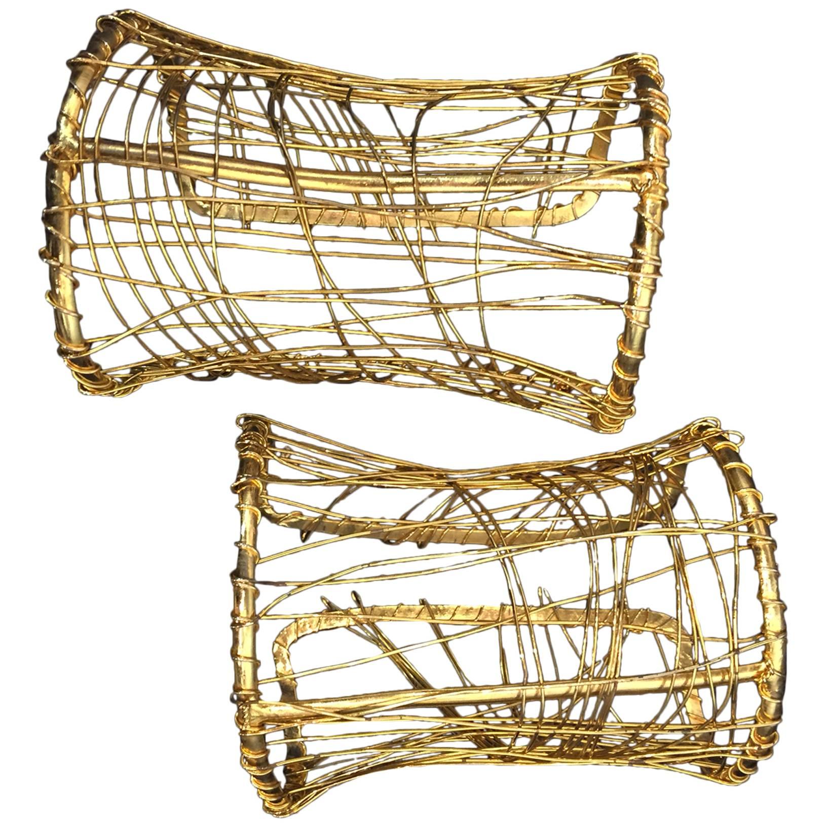 1980s Pair of Gold-Tone Wire-Wrapped Art-To-Wear Cuffs