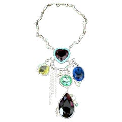Designer Christian Lacroix Signed Jeweled Heart Multi Charm Statement Necklace