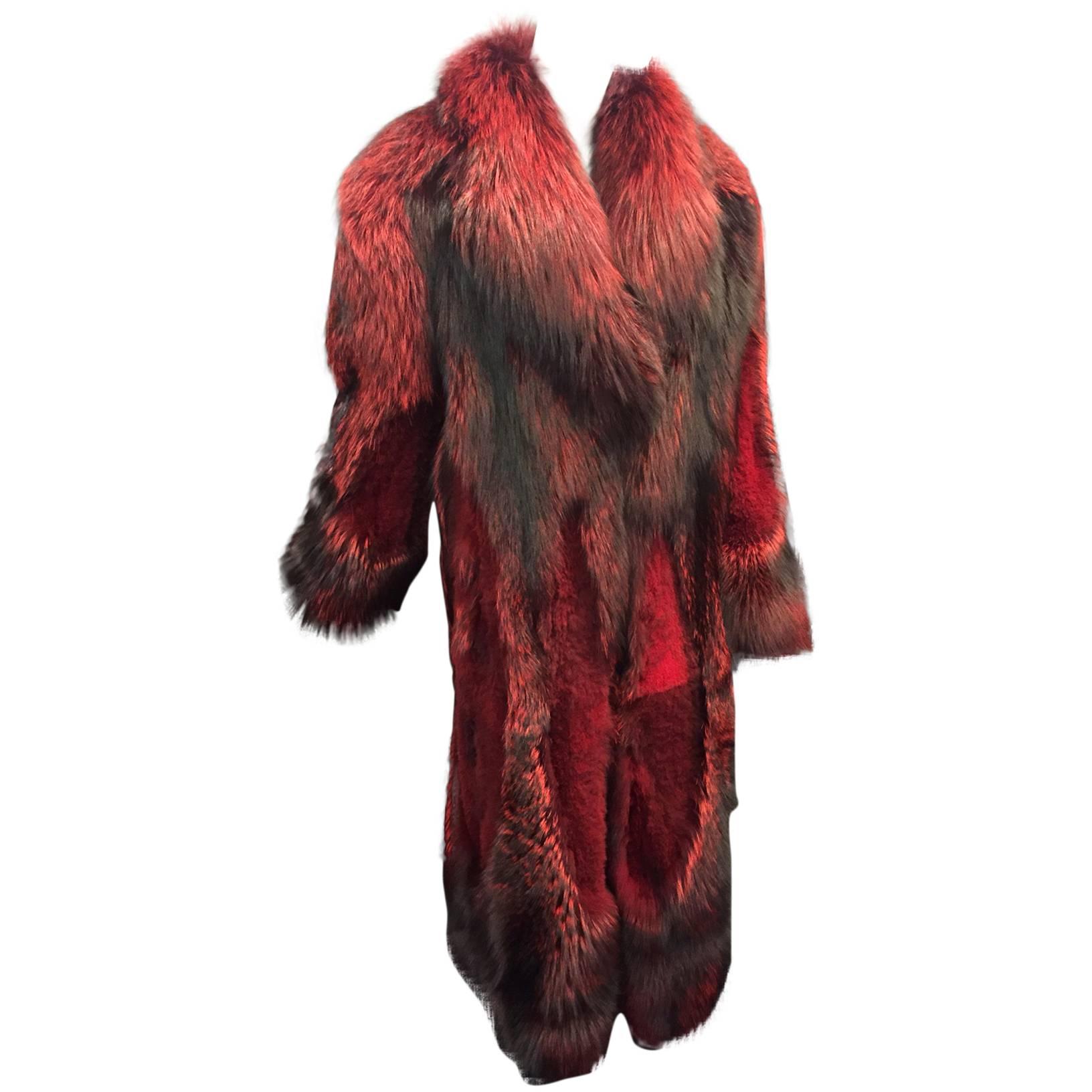 Roberto Cavalli Scarlet Dyed Shadow Fox Full-Length Coat