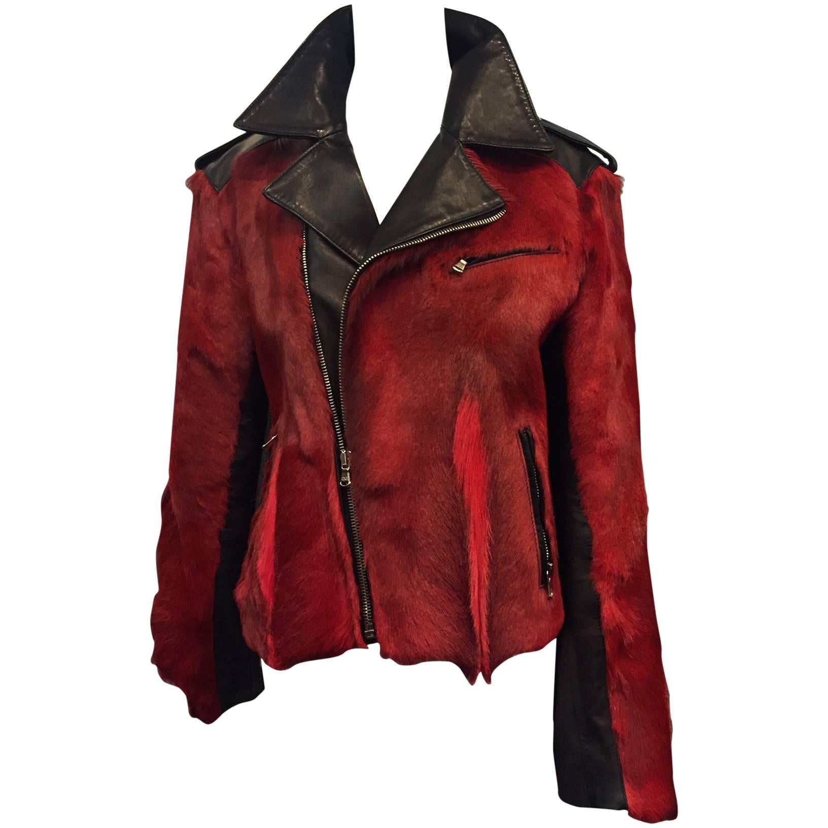 Dolce & Gabbana Red Goat Hide and Black Leather Motorcycle Jacket. 