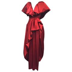 1980s British Scarlet Silk Satin Ruffled Evening Gown