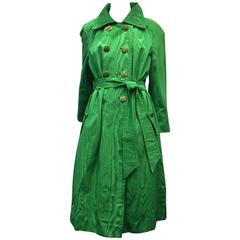 1960s Jade Green Moire Double Breasted Trench Coat with Pink Velveteen Lining