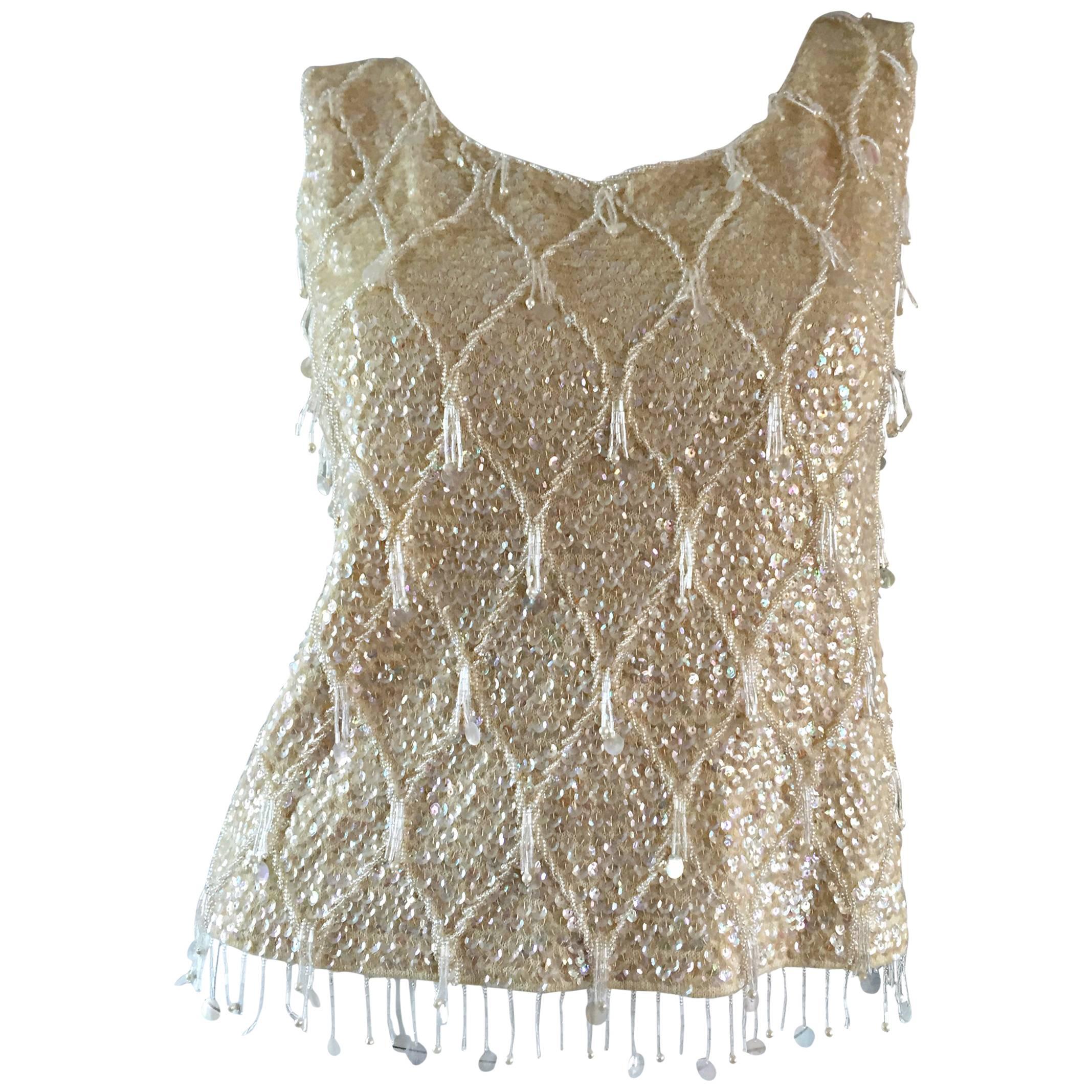Beautiful 1950s / 1960s Ivory Wool Beaded + Sequins Off - White Sleeveless Top