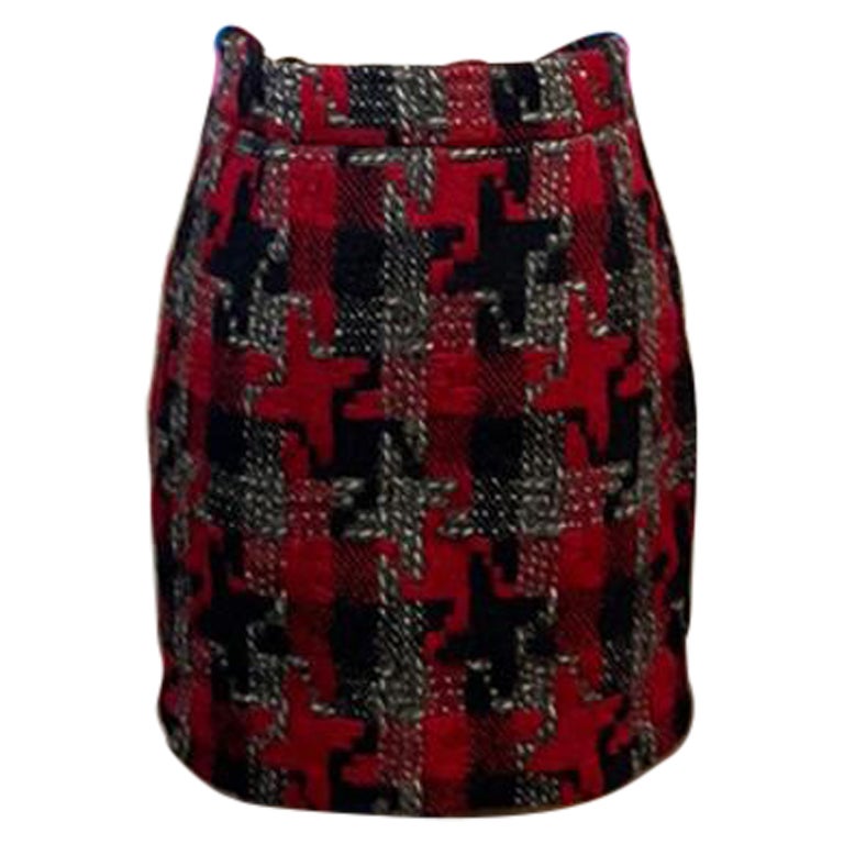 Moschino Pret A Porter Red Black Gray Tweed Skirt For Sale