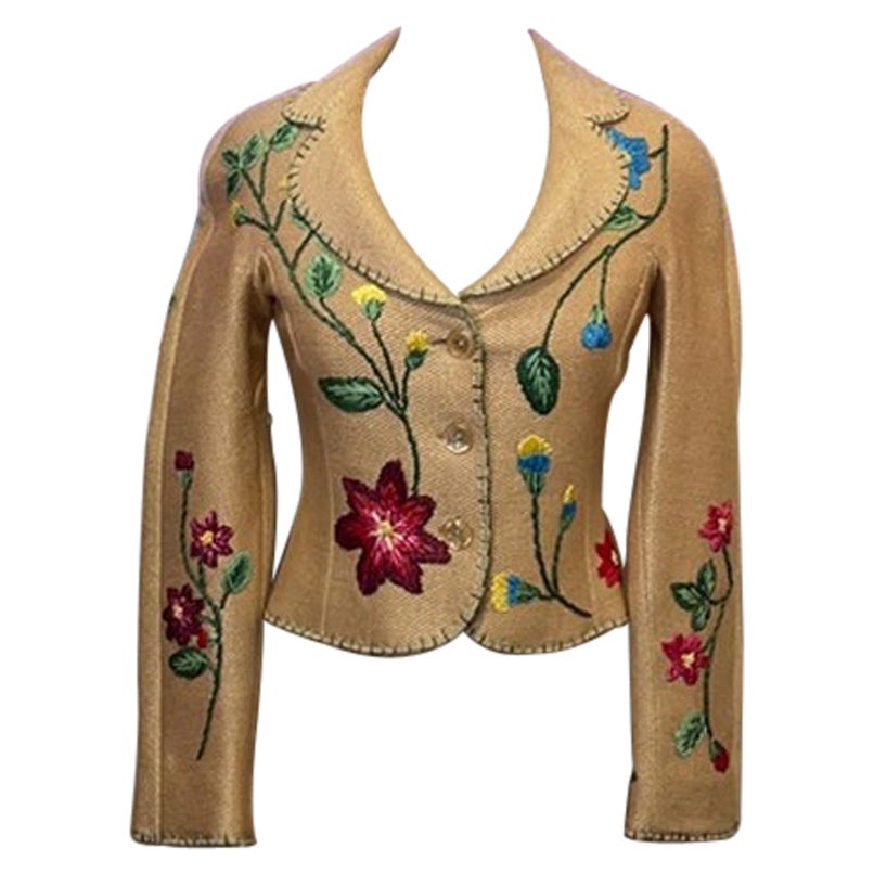 Moschino Tan Woven Straw Blazer Floral For Sale