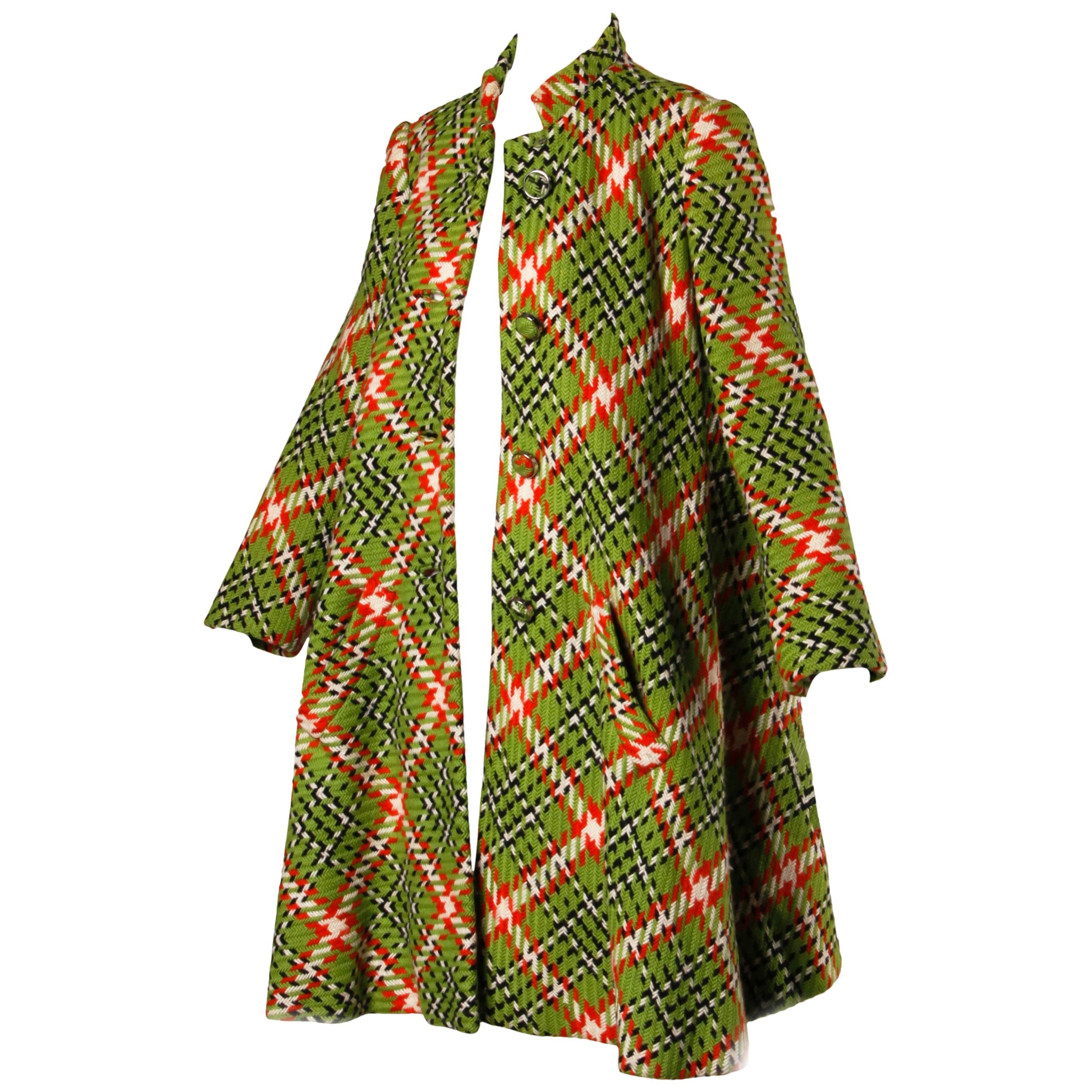 1960s Donald Brooks Vintage Green + Red Wool Plaid Swing Coat For Sale