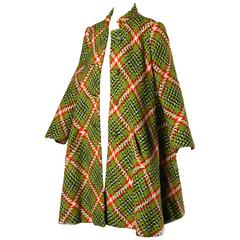 1960s Donald Brooks Retro Green + Red Wool Plaid Swing Coat