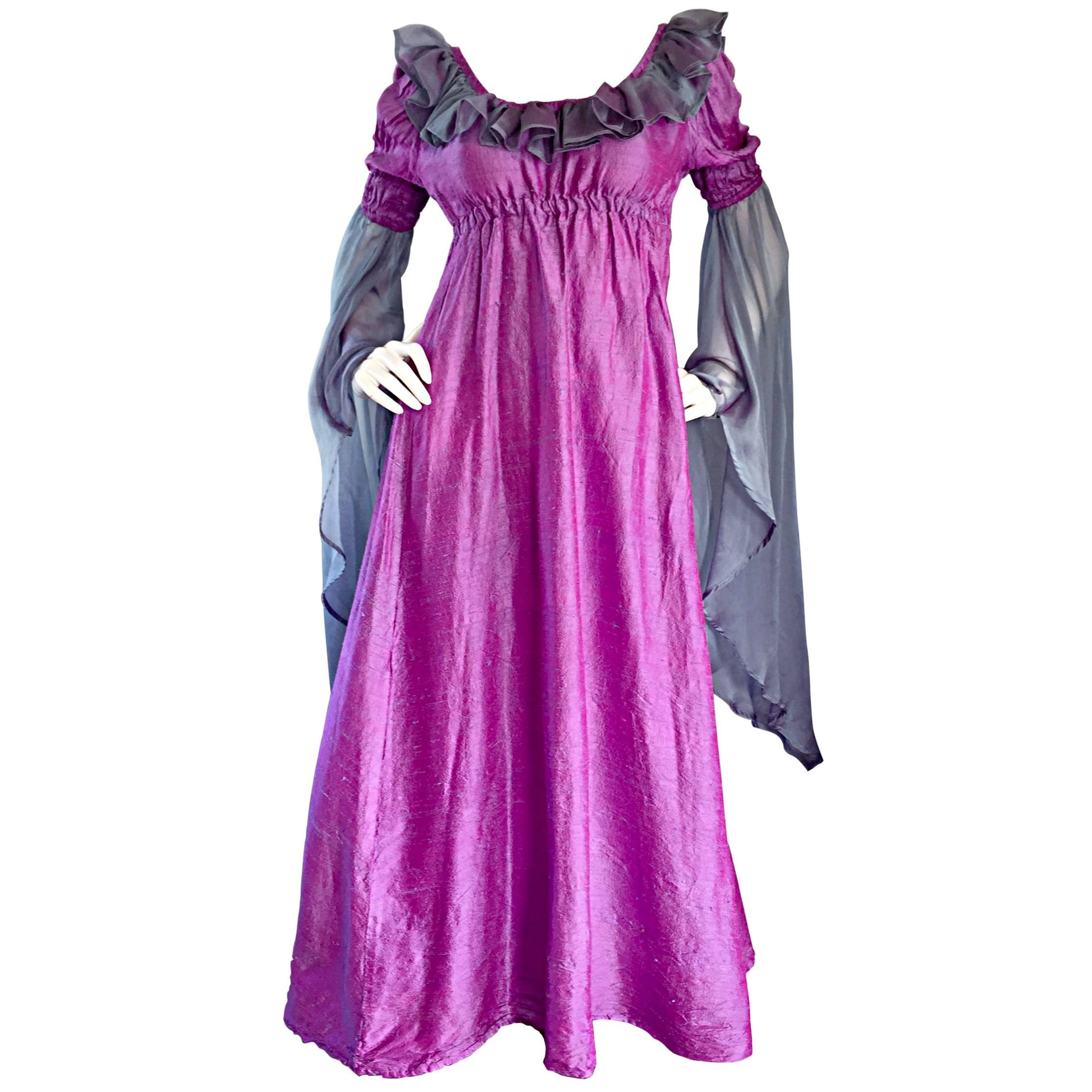 Pretty Vintage Fuchsia + Pink Purple 1970s 70s Raw Silk Dress w/ Angel Sleeves