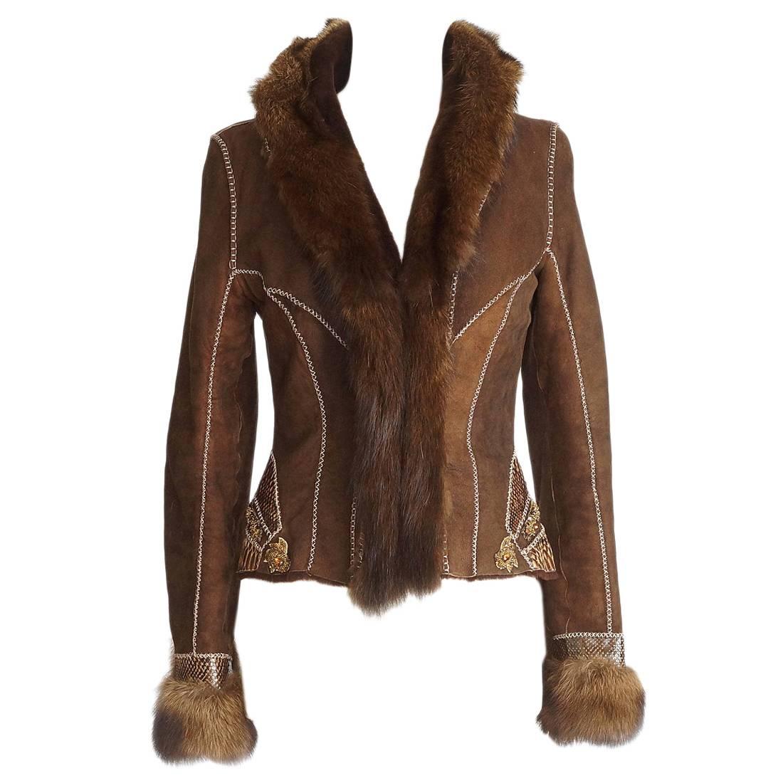 ROBERTO CAVALLI jacket shearling fisher fur snakeskin jewel trim EXQUISITE  44/6