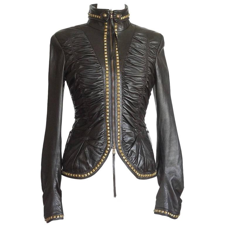 ROBERTO CAVALLI jacket soft rouched leather antiqued hardware 42 fits 6 ...