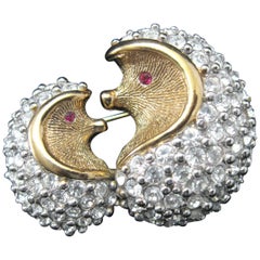 Vintage Delightful Mama and Baby Hedgehog Faux Diamond Statement Brooch Pin 