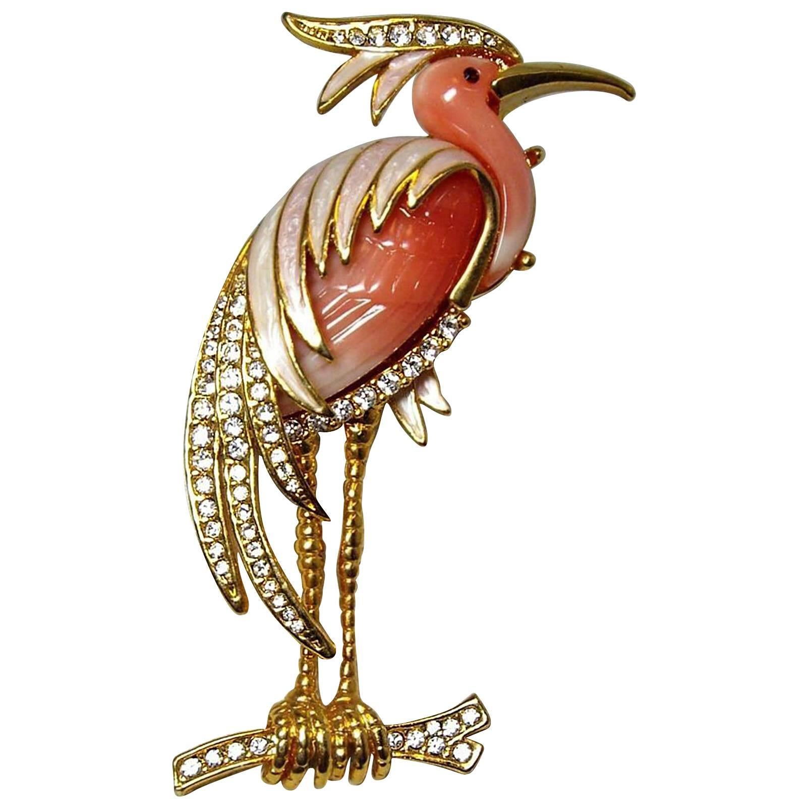 Hattie Carnegie Enamel  Faux Coral Heron Brooch Pin