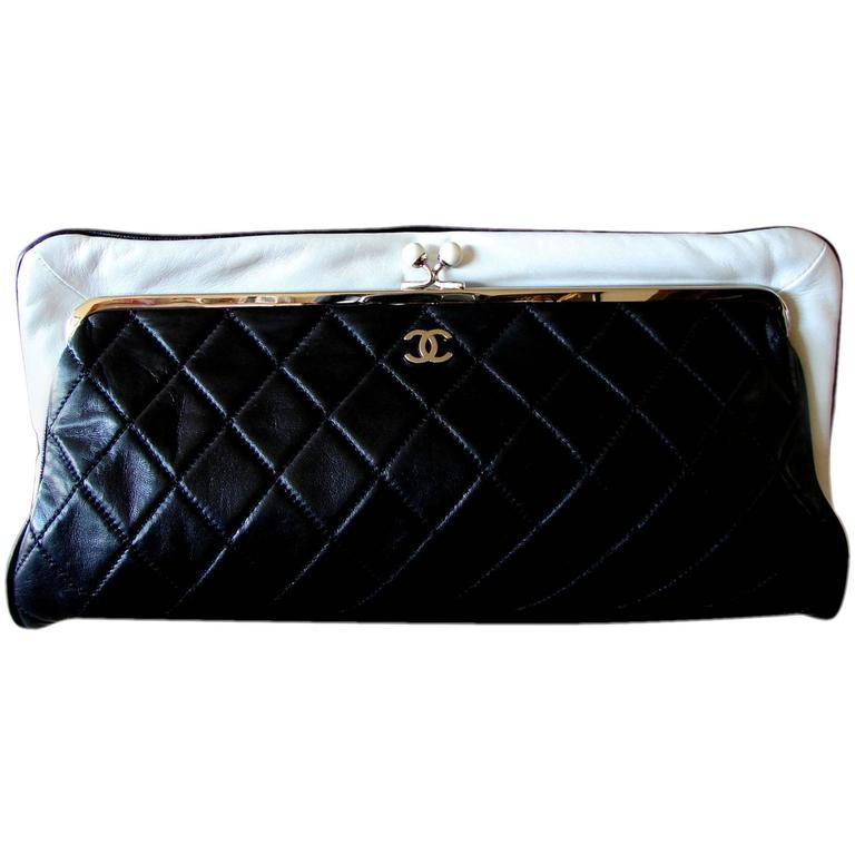 Chanel Black Lambskin Matelassé Clutch White Trim + Chain Coin Purse