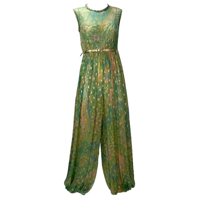 1960's Mollie Parnis Indian Inspired Metallic Green Harem Jumpsuit For