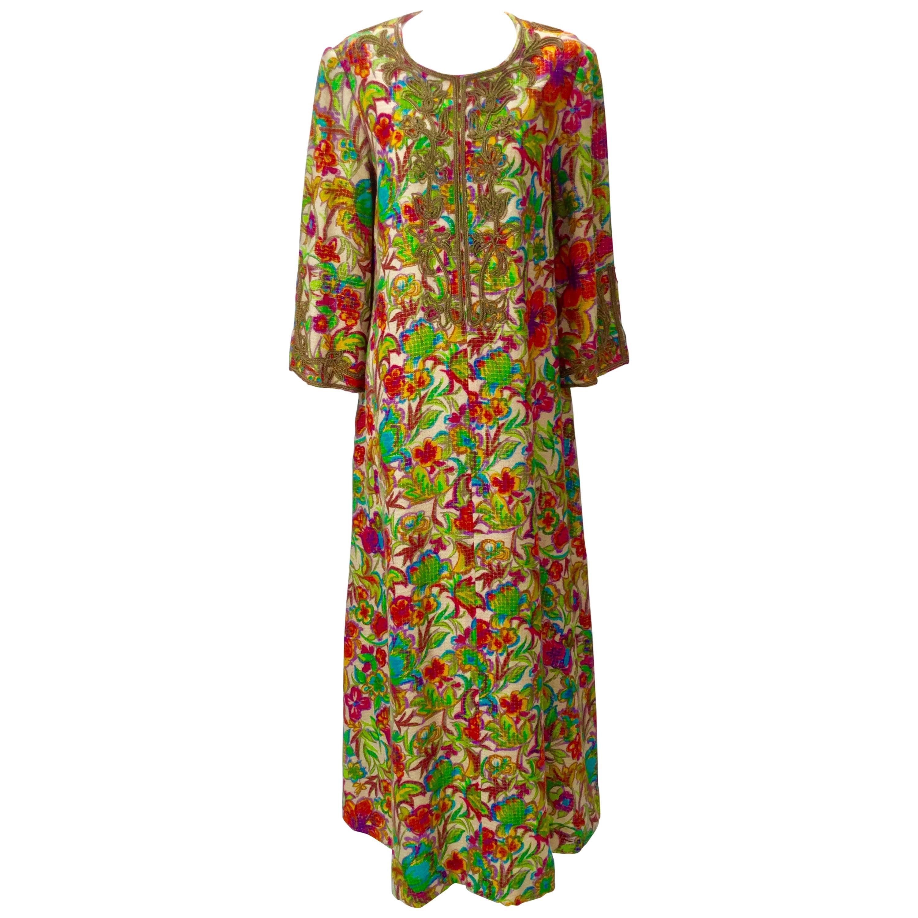 Floral Multi-Colored Embroidered Kaftan OS, 1970s   For Sale