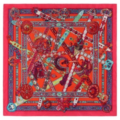 HERMES Le Songe de La Licorne 2015 Rosa Orange Geometrischer Gürtel mit Blumenmotiv Schal