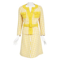 Vintage 1967 Courreges Couture Yellow White Checkered Wool Belted Jacket & Skirt