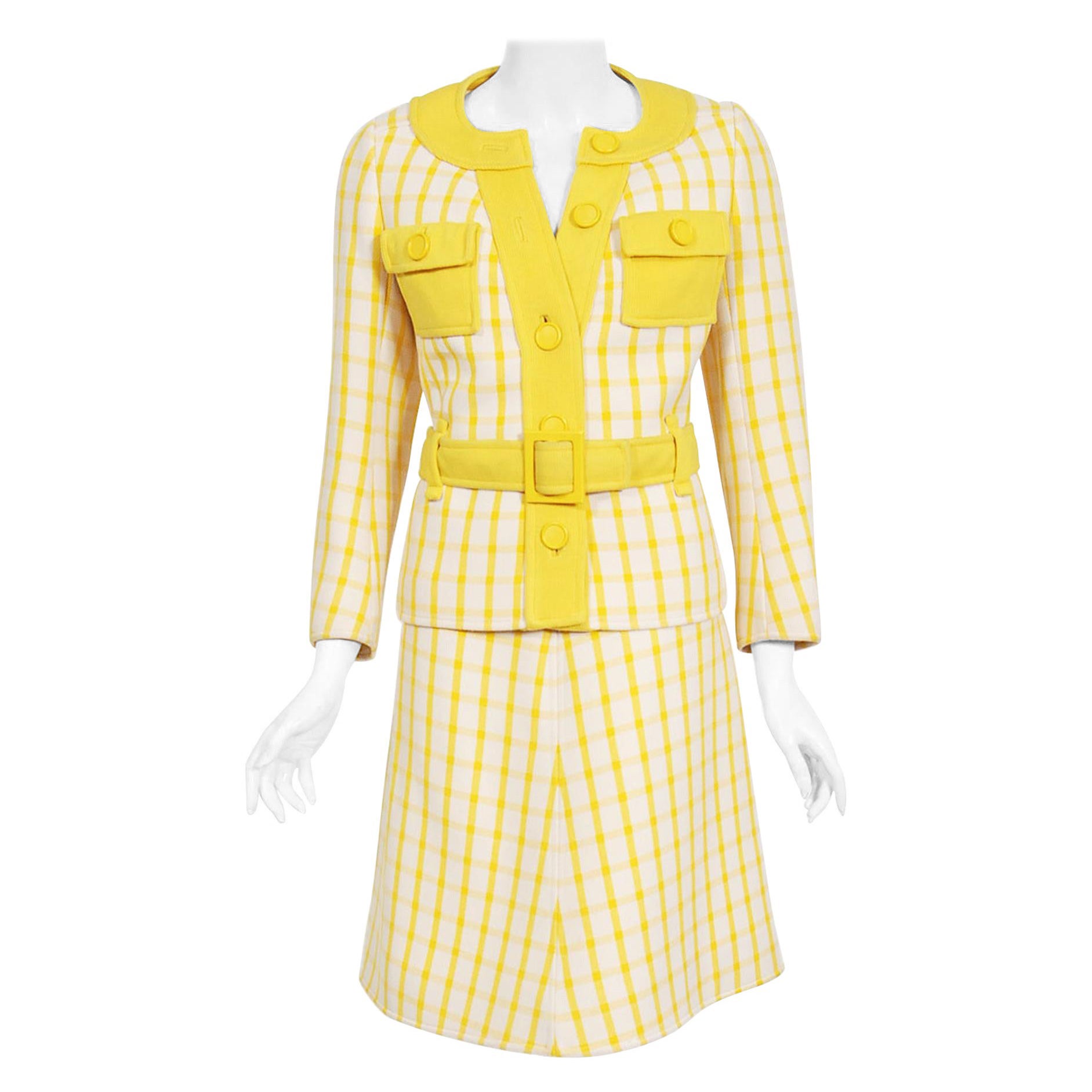 Vintage 1967 Courreges Couture Yellow White Checkered Wool Belted Jacket & Skirt For Sale