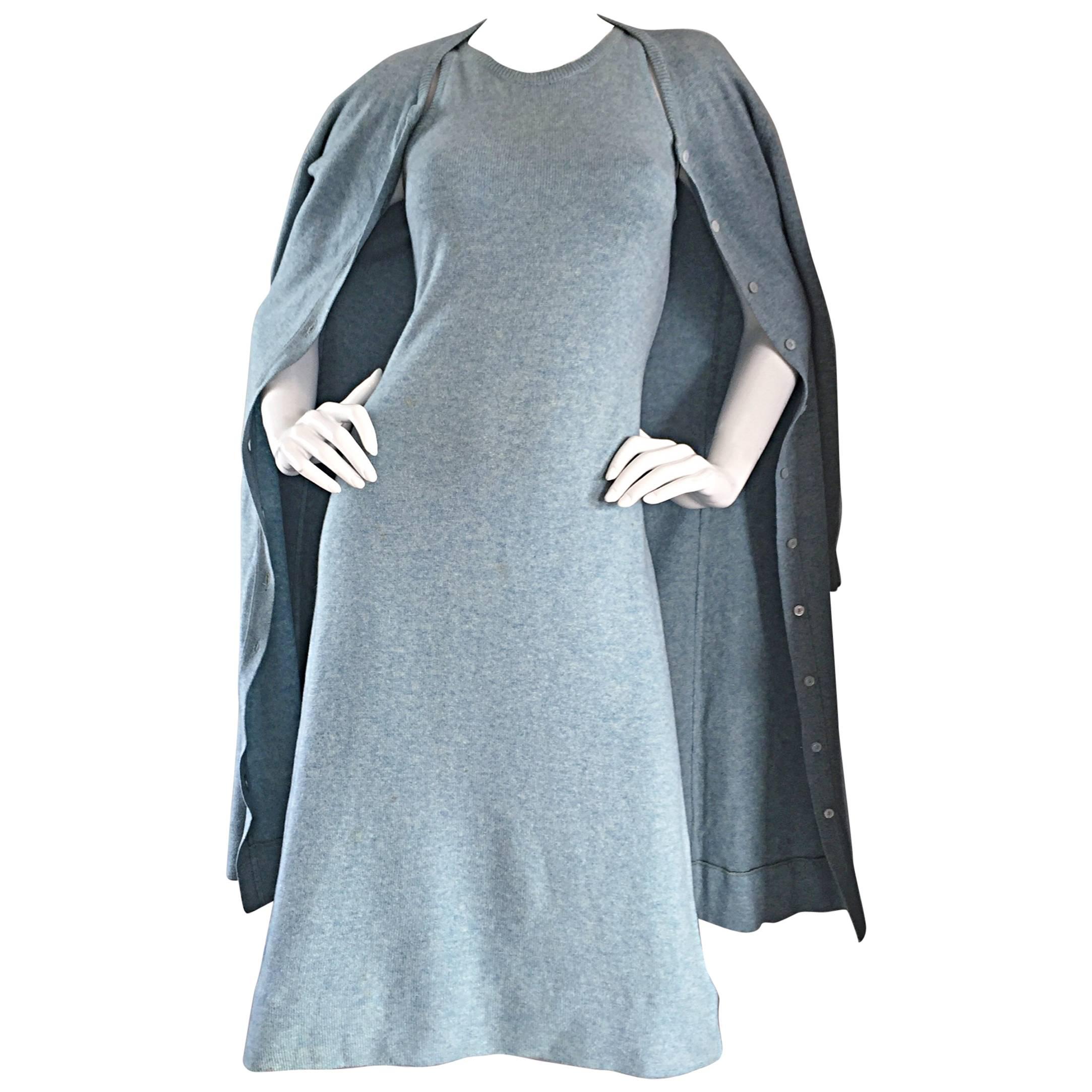 Vintage Halston Soft Cashmere Light Blue Sleeveless Dress And Cardigan Sweater 