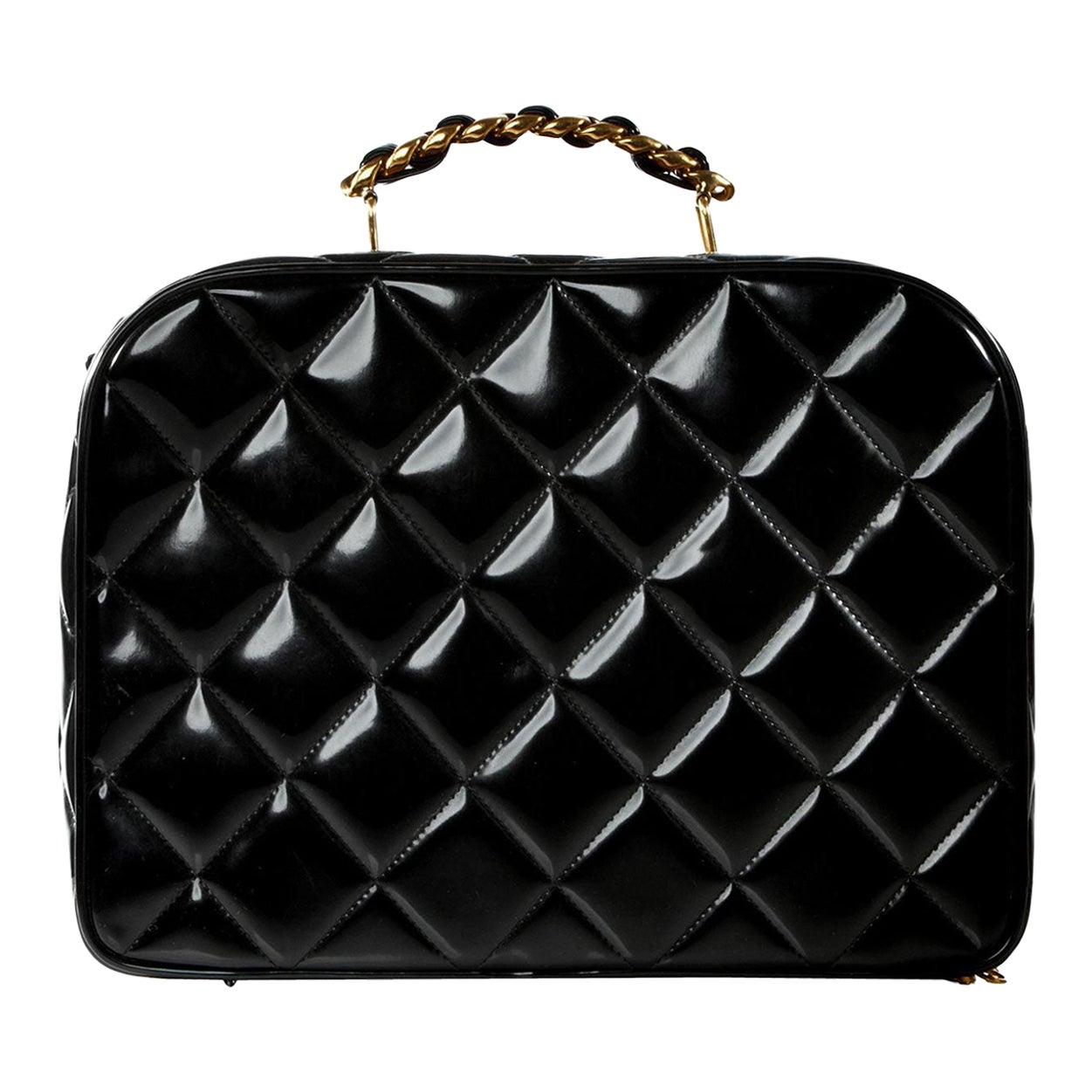 Chanel 1991 Rare Vintage Black Quilted Patent Vanity Shoulder Crossbody Bag For Sale