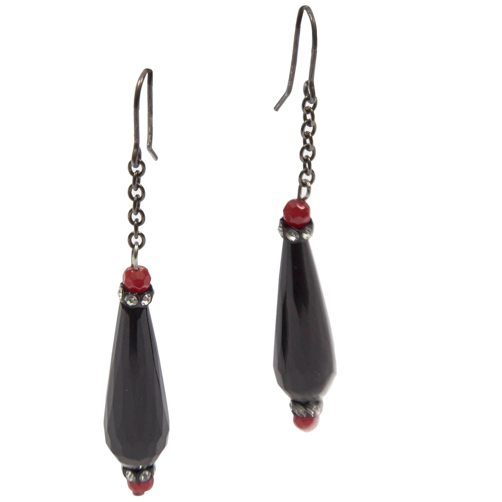 Striking Black Jet and Faux Coral CZ Crystal Drop Earrings For Sale