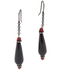 Retro Striking Black Jet and Faux Coral CZ Crystal Drop Earrings