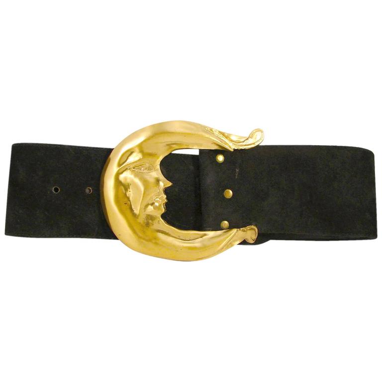 Laloon Large 5.5" Gold Metal Crescent Moon Belt Buckle and Black Suede