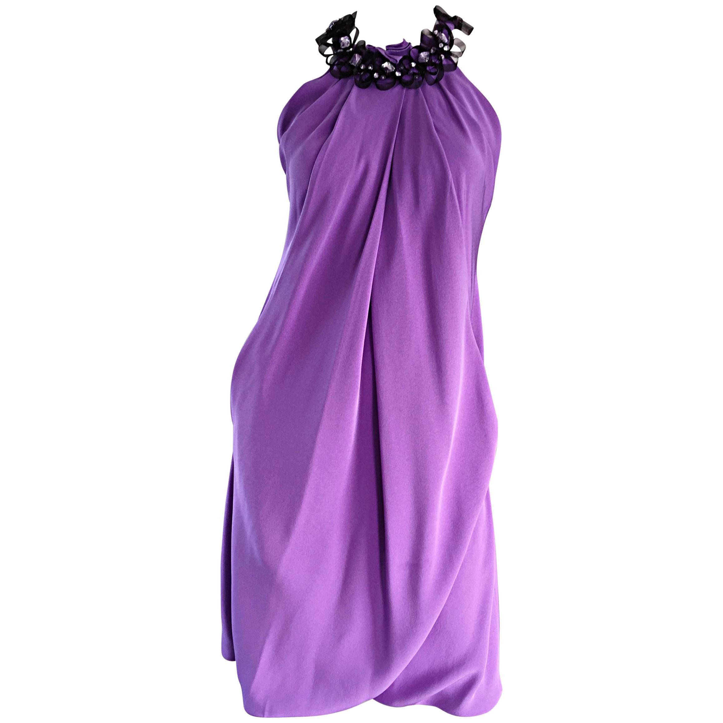 Chic Pamella Roland Light Purple Lilac Beaded Bib Collar Bubble Grecian Dress