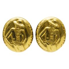 Vintage 1990's Chanel Gold Earrings with Coco Silhouette