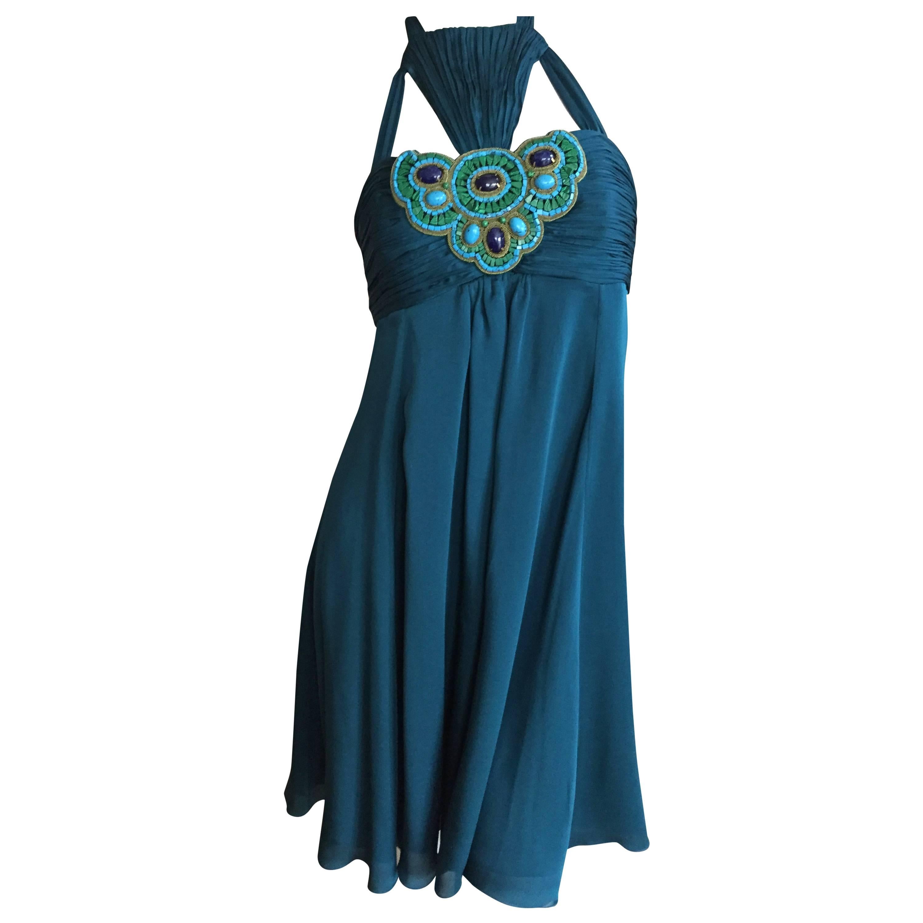 Andrew Gn Paris Silk Dress w Turquoise & Malachite Jeweled Bust For Sale