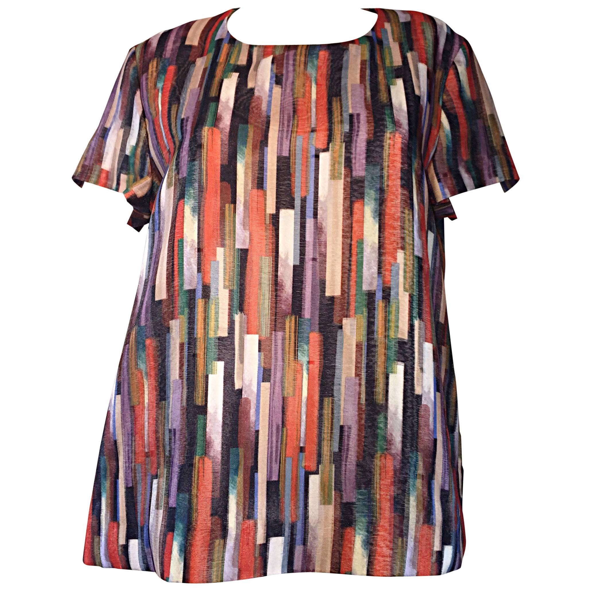 Gerard Darel Multi Color Abstract Silk Trapeze Swing Top / Blouse Made in France For Sale