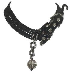 Vintage Panther Crocheted Leather With Rhinestone Chain and Ball
