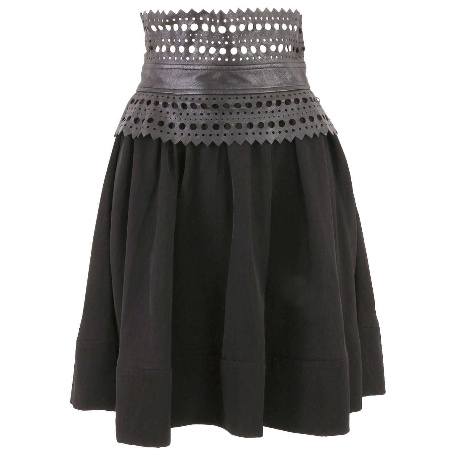 Elizabeth and James Black Skater Skirt with Leather Laser Cut Waistband For Sale
