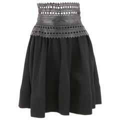 Elizabeth and James Black Skater Skirt with Leather Laser Cut Waistband