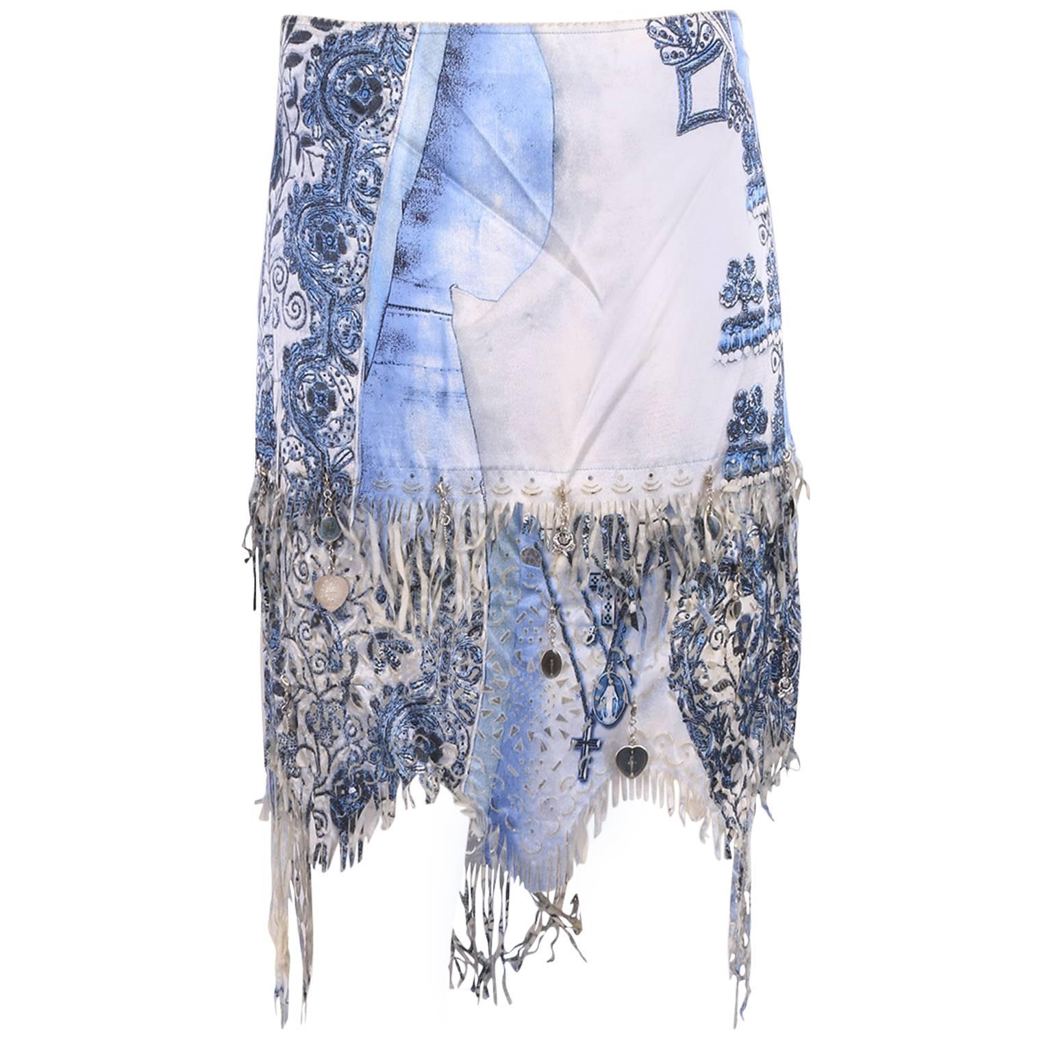 Jean Paul Gaultier Gypsy Style Baby Blue China Print Skirt with Charm Detail  For Sale