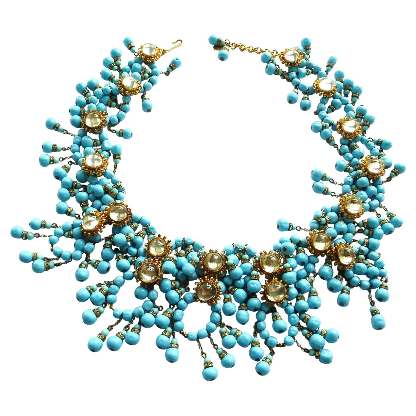 William de Lillo NY limited necklace turquoise glass pearls 1970s USA For Sale