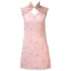 1960s Pink Jacquard Beaded Sequin Mini Dress 