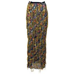 Retro Voyage Couture Black Floral Sheer Maxi Skirt with Gold Sequin Fringing 