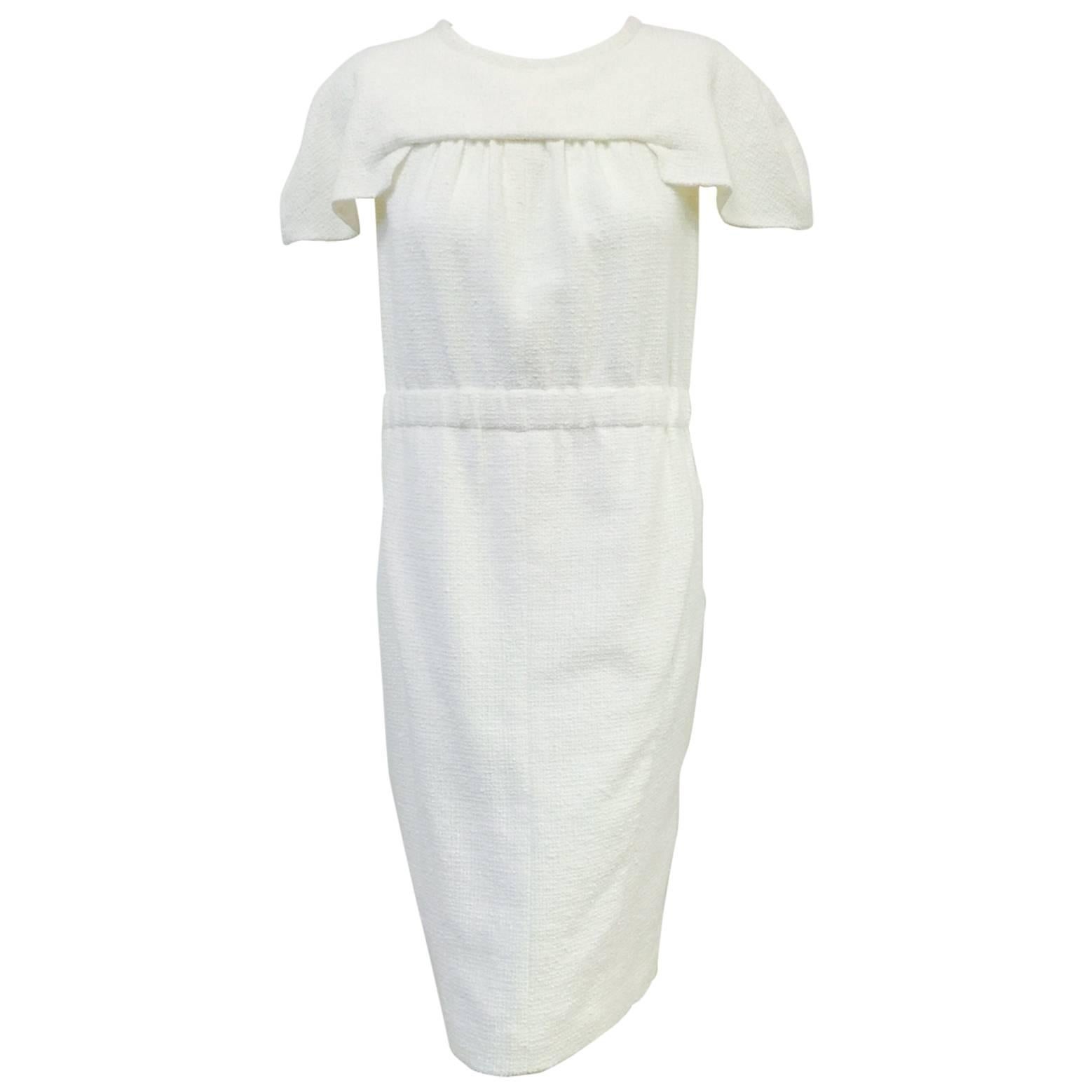 Chanel Ivory Cotton Tweed Dress With Capped Sleeves and Banded Waist