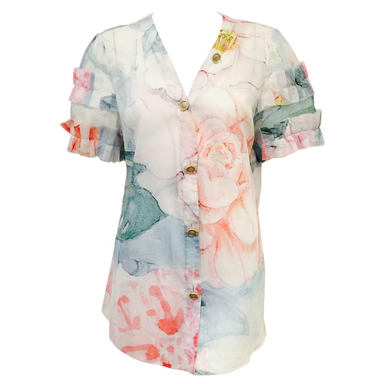 Chanel Spring 100% Cotton Impressionist Floral Print Short Sleeve Blouse 