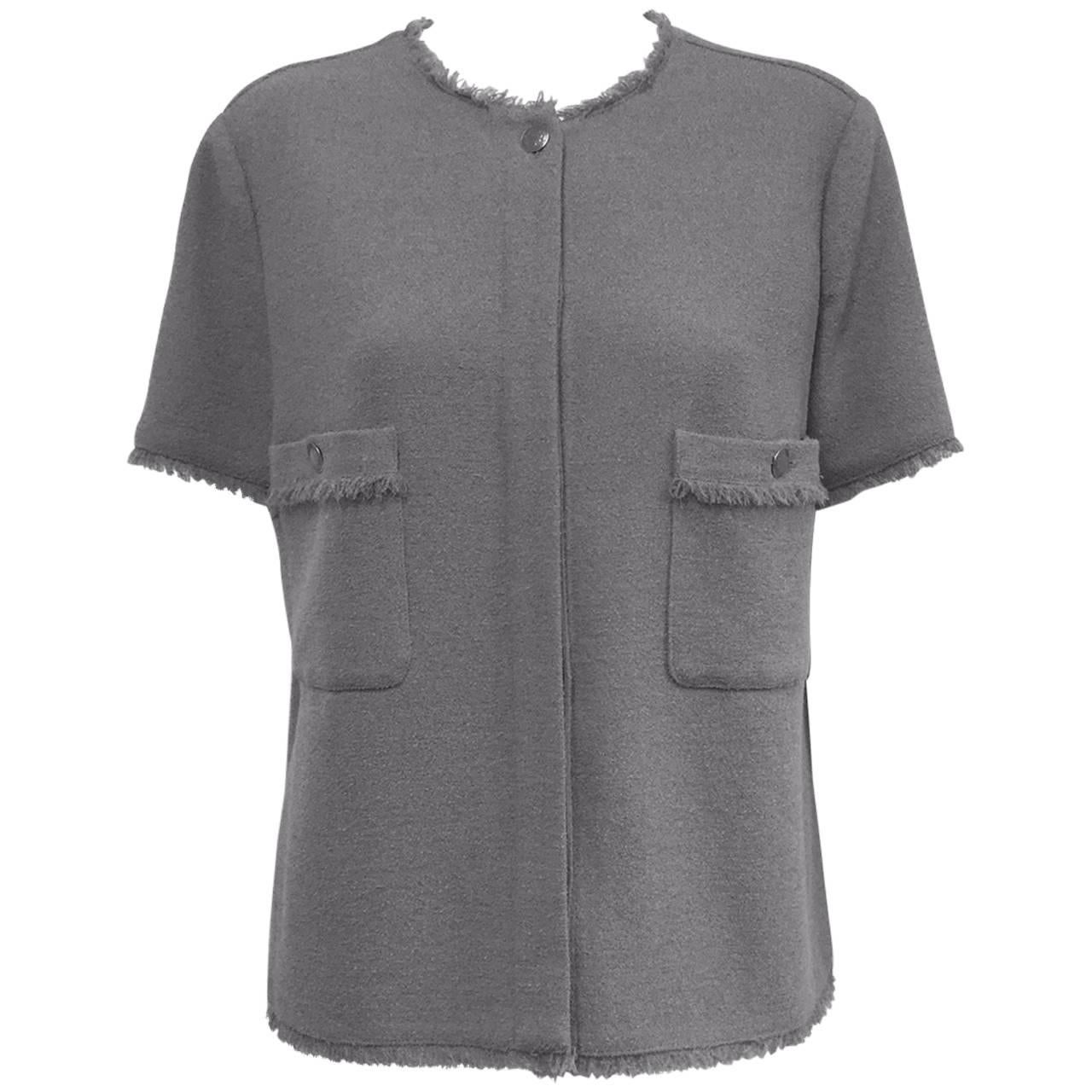 Chanel Cruise 2008 Steel Grey Wool Short Sleeve Blouse With Chain Weight at Hem