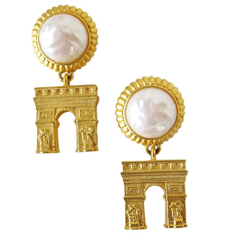 1980's Karl Lagerfeld Gold-Tone and Pearl Arc de Triomphe Pierced Earrings For Sale