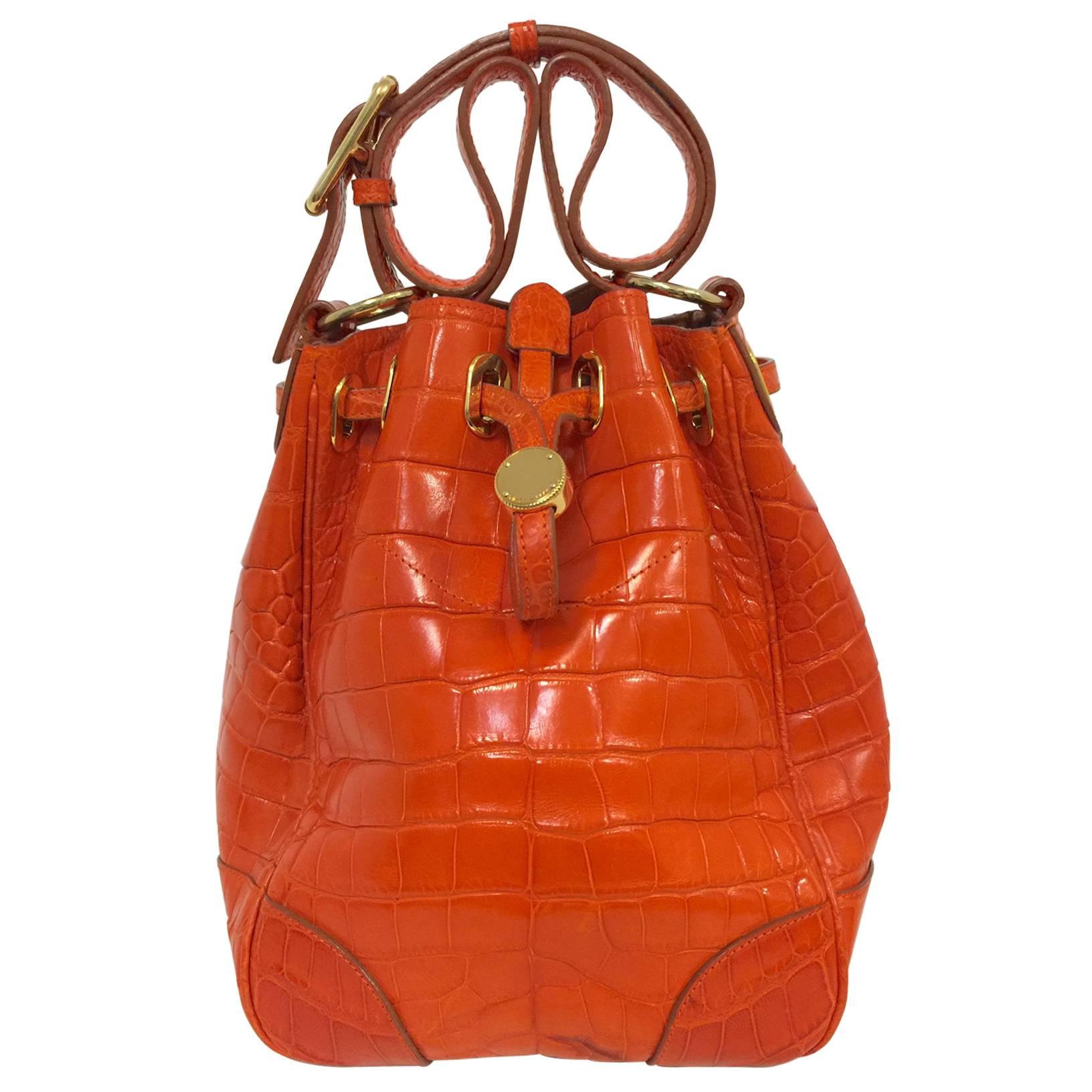 Ralph Lauren Orange Alligator Bucket Bag With Pochette  For Sale